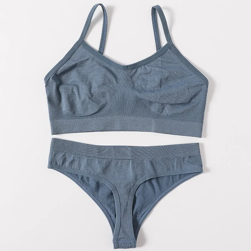 2PCS Women Bra Set Seamless Underwear Sexy Female Bralette Top Backless Bra Thong Panties No-Wired Brassiere Home Lingerie Set