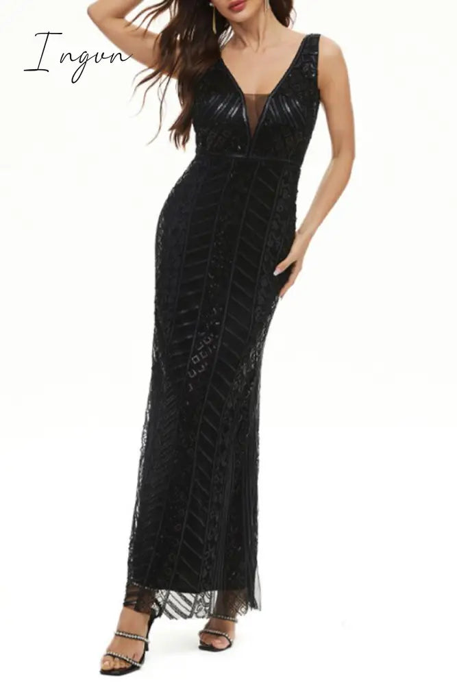 Ingvn - Sexy Formal Patchwork V Neck Evening Dress Dresses Black / S Dresses/Party And Cocktail