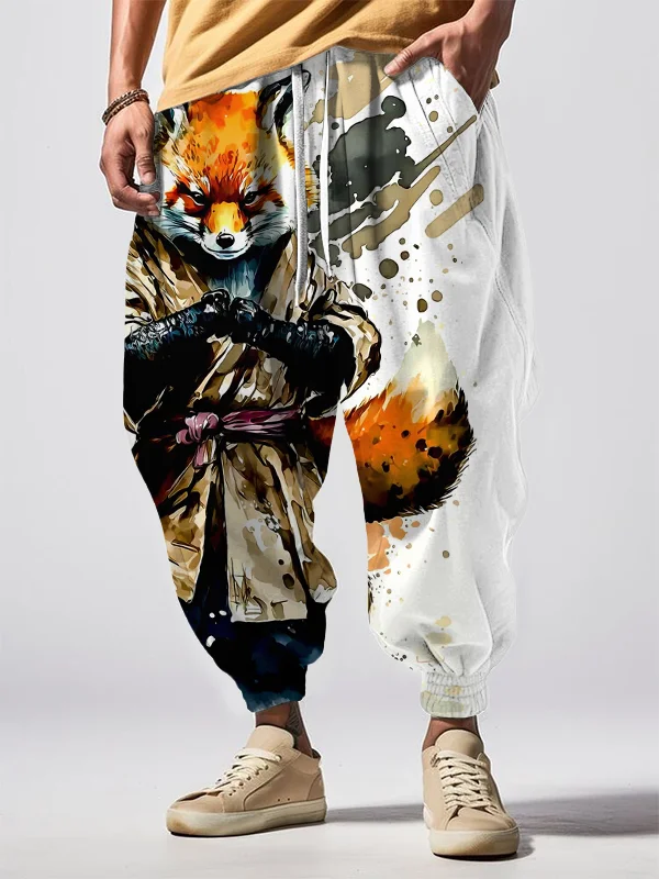 Men's Fox Warrior Watercolor Art Print Loose Drawstring Waist Sweatpants
