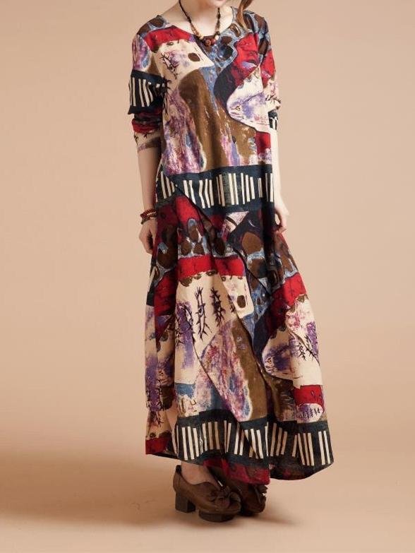 Vintage Print Long Sleeve Loose Maxi Dress