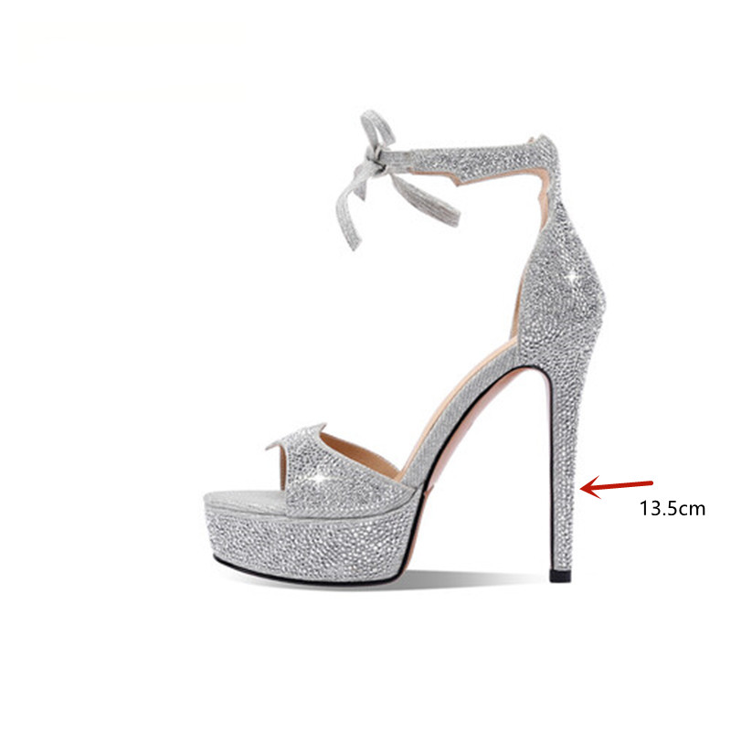GOOSHOE Genuine Leather Full Diamond Slim Heel Lace Up Sandals Party Crystal Shoes