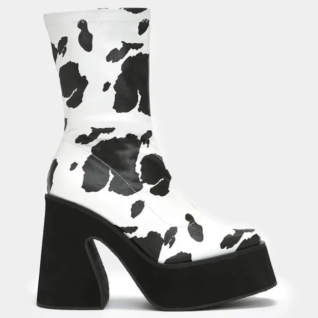 Cute Cow Round Toe Zip Platform Hoof Heels Boots BE503