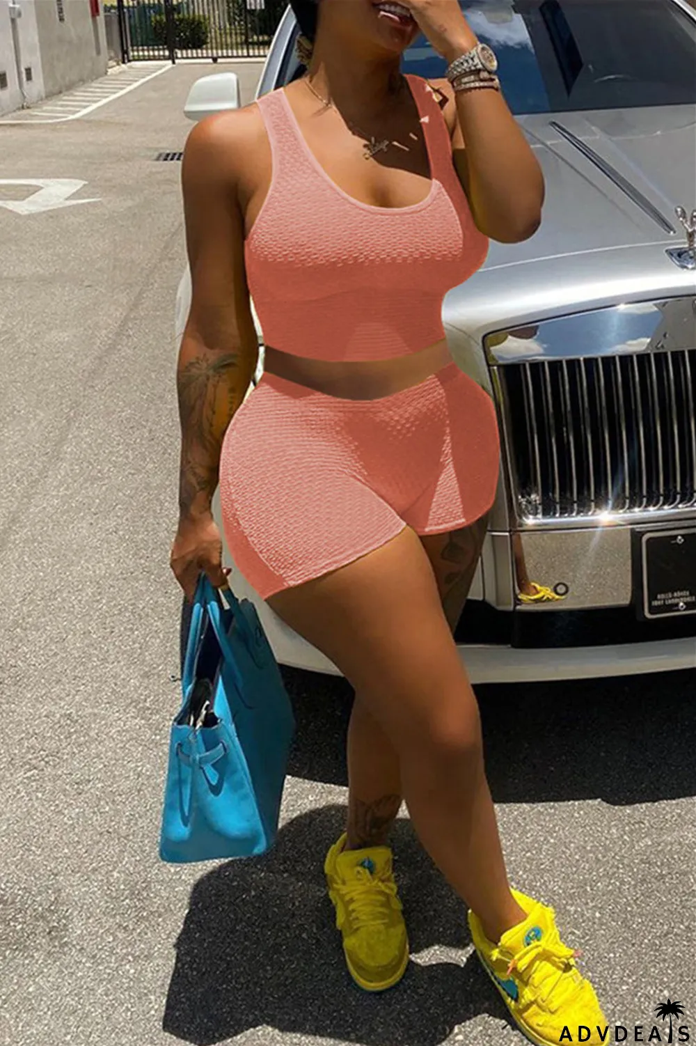 Yellow Fashion Casual Solid Basic U Neck Sleeveless Two Pieces