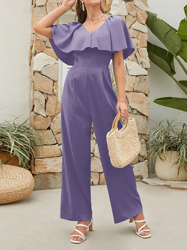 Split-Joint Solid Color Ruffle Sleeves High Waisted V-Neck Jumpsuits