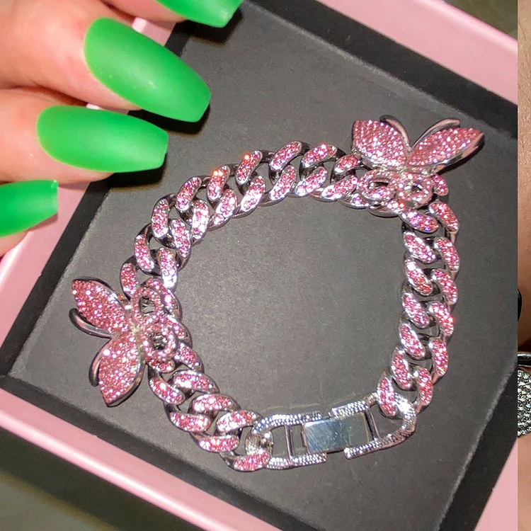 12mm Cuban Link Iced Out Butterfly Women Bracelet Hip Hop Jewelry-VESSFUL