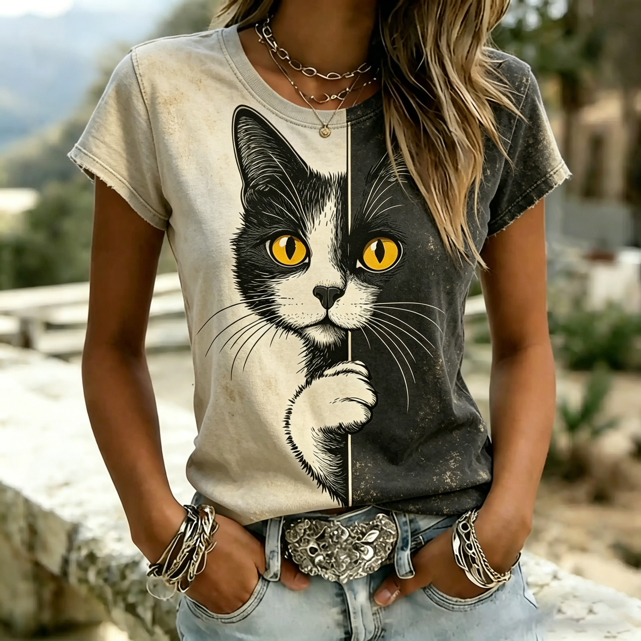 Comstylish Abstract Creative Peeping Cat Graphic Casual T-shirt