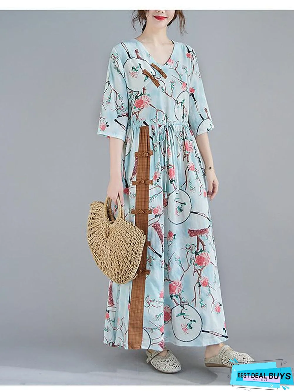 Women's Swing Dress Maxi Long Dress 3/4 Length Sleeve Floral Spring Summer Casual Blushing Pink Light Blue
