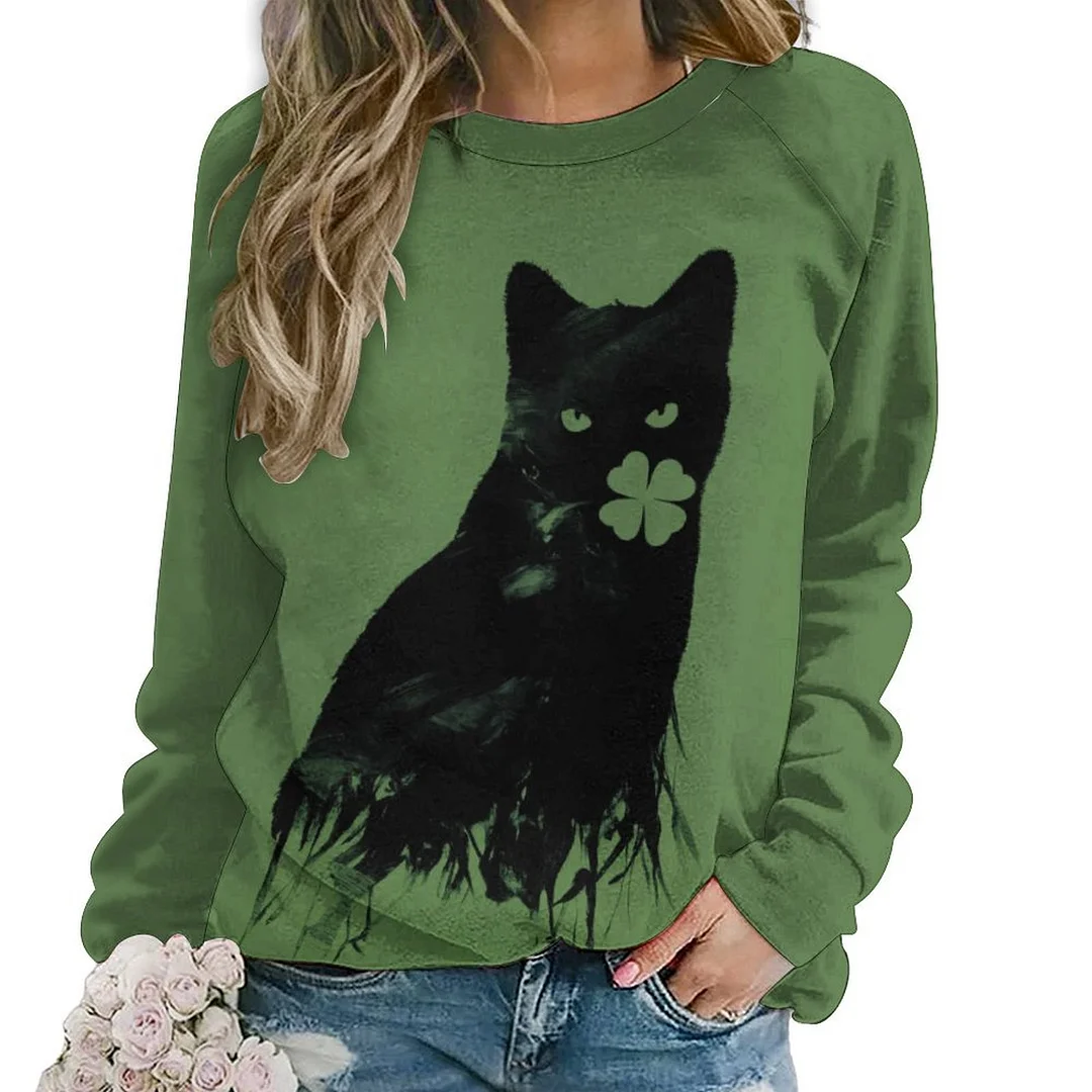 Printed Long Sleeve Casual Sweatshirt for  Women and Men Unisex Pattern St. Patrick's Day, Green, Clover, Lucky
