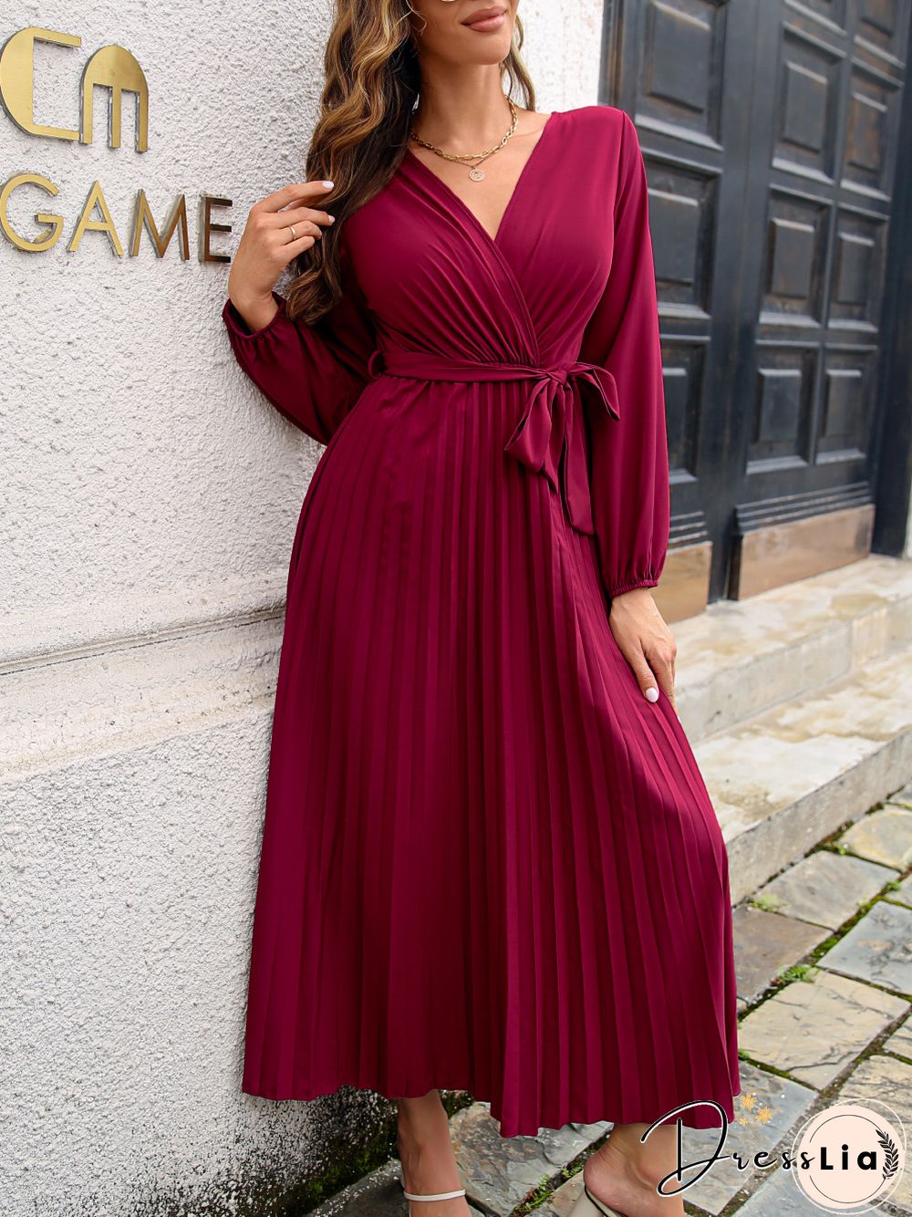 Elegant Long Sleeve Pleated Dress For Women Summer Dresses New Casual Lace-up Cross V-Neck Solid Swing Maxi Dress