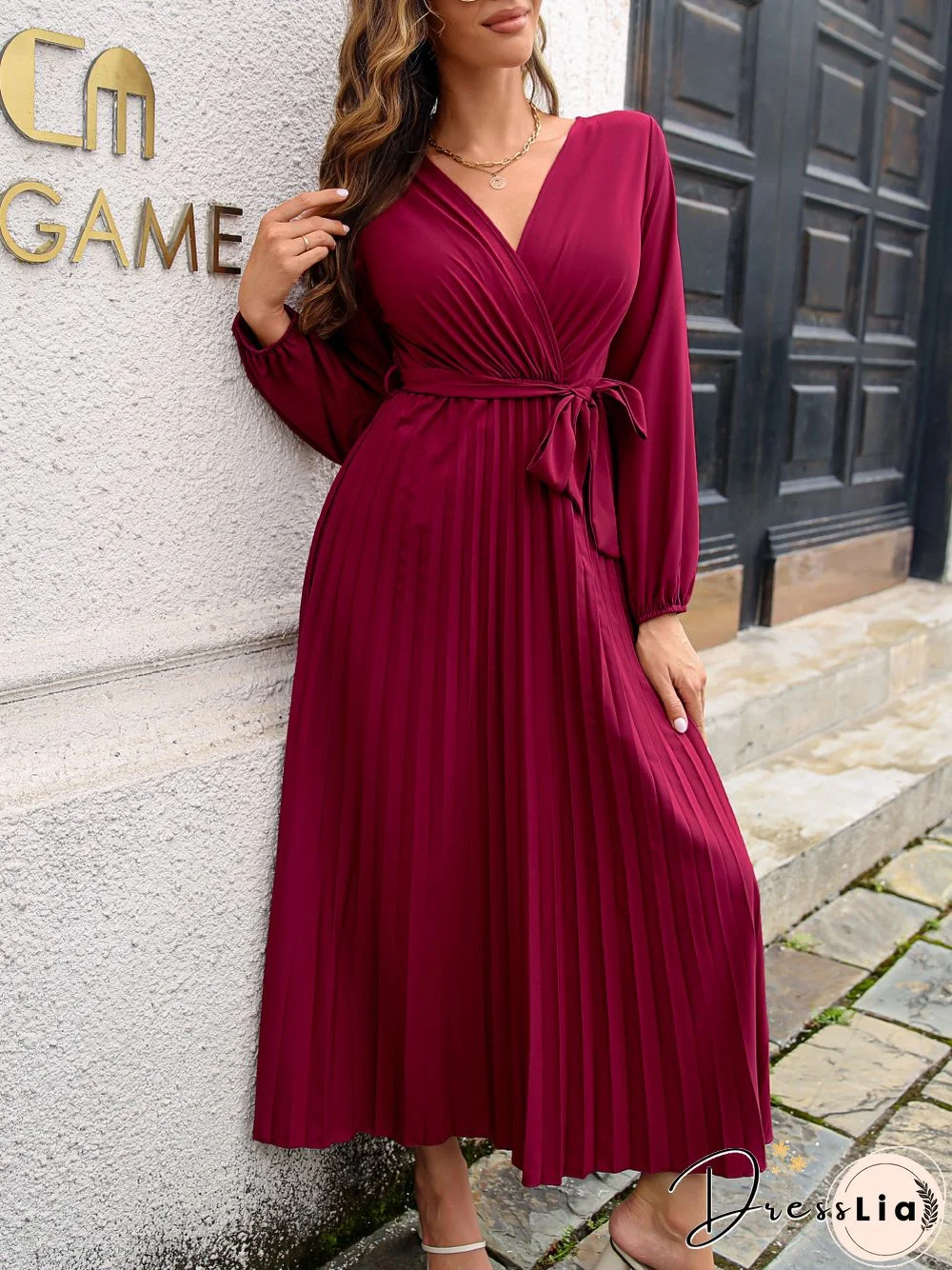 Elegant Long Sleeve Pleated Dress For Women Summer Dresses New Casual Lace-up Cross V-Neck Solid Swing Maxi Dress