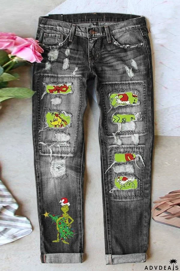 Santa Hat Green Grinch Print Zipper Button Washed Jeans