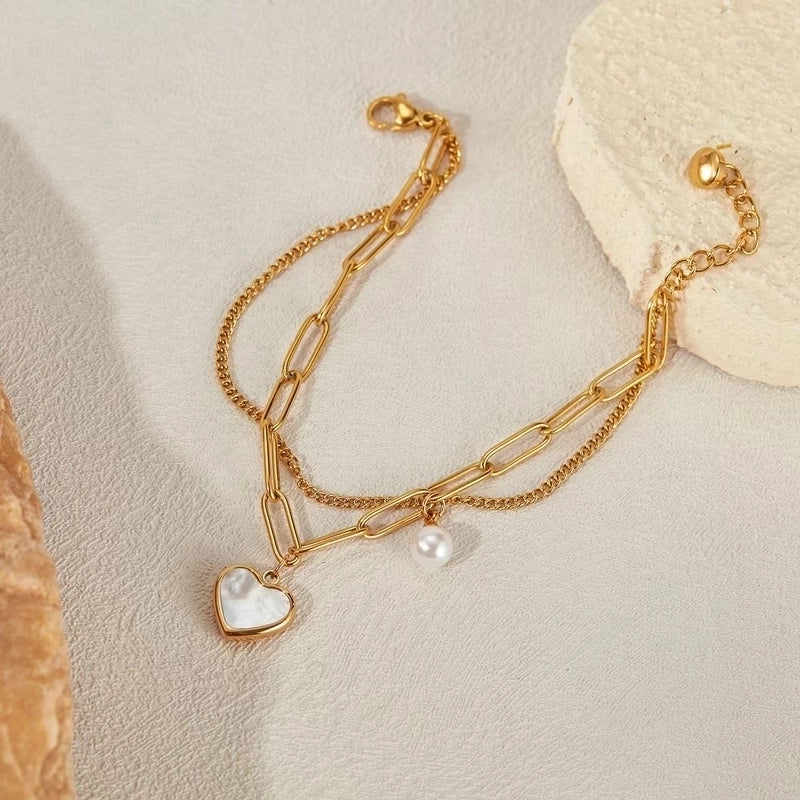 Casual Minimalist Heart Shape Titanium Steel 18K Gold Plated Artificial Pearls Shell Paperclip Chain Bracelets In Bulk