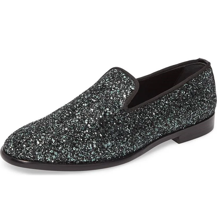 Black Glitter Loafers for Women Round Toe Comfortable Flats |FSJ Shoes