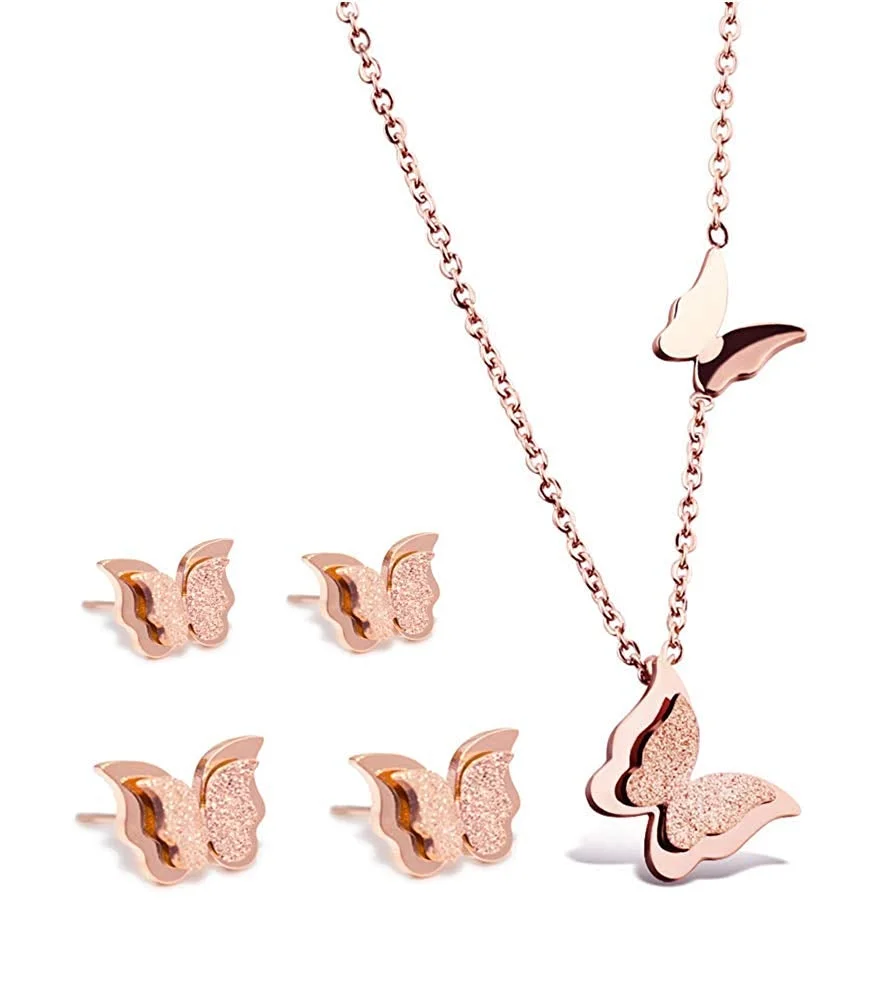 WDSHOW 18k Rose Gold Butterfly Stud Earrings Necklace Set for Women