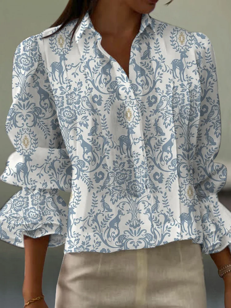 Women's  Vintage Flower Art Print Casual  Cotton And Linen Shirt
