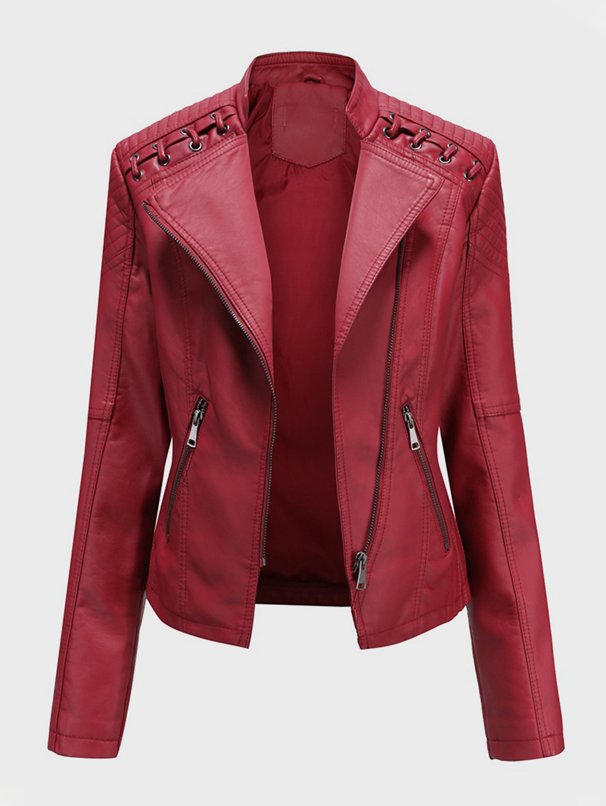 Lapel Collar Strappy Decor Zip Up PU Leather Cropped Jacket