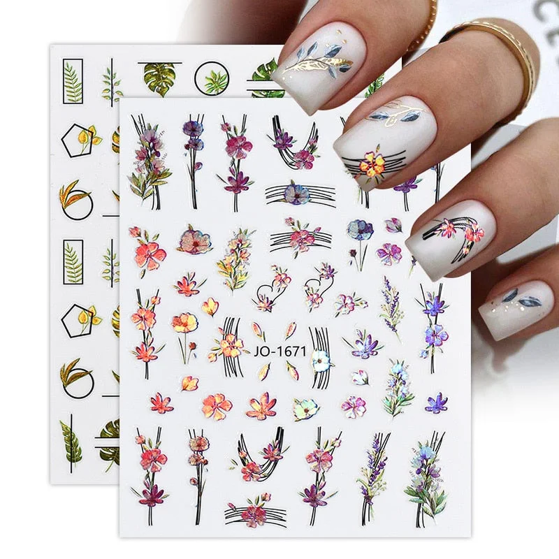 1PC Spring Green Palm Flowers Leaves 3D Nail Stickers Self-Adhesive Slider Nail Art Decorations Geometry Leaf Decals Manicure-Nail Inspo