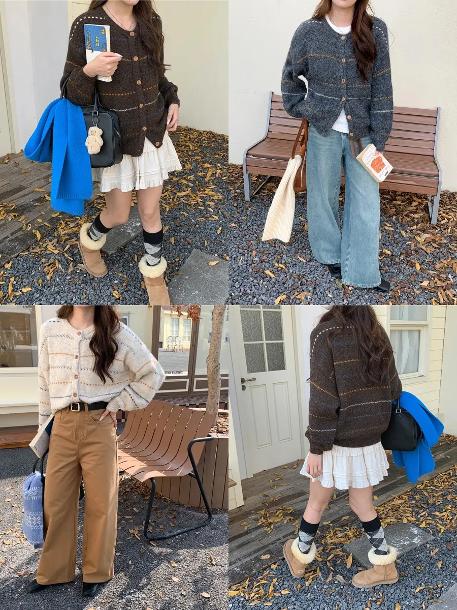 Nigikala Nigikala Morning Capture Gentle Korean Vintage Striped Knitted Cardigan Sweater ZY3654