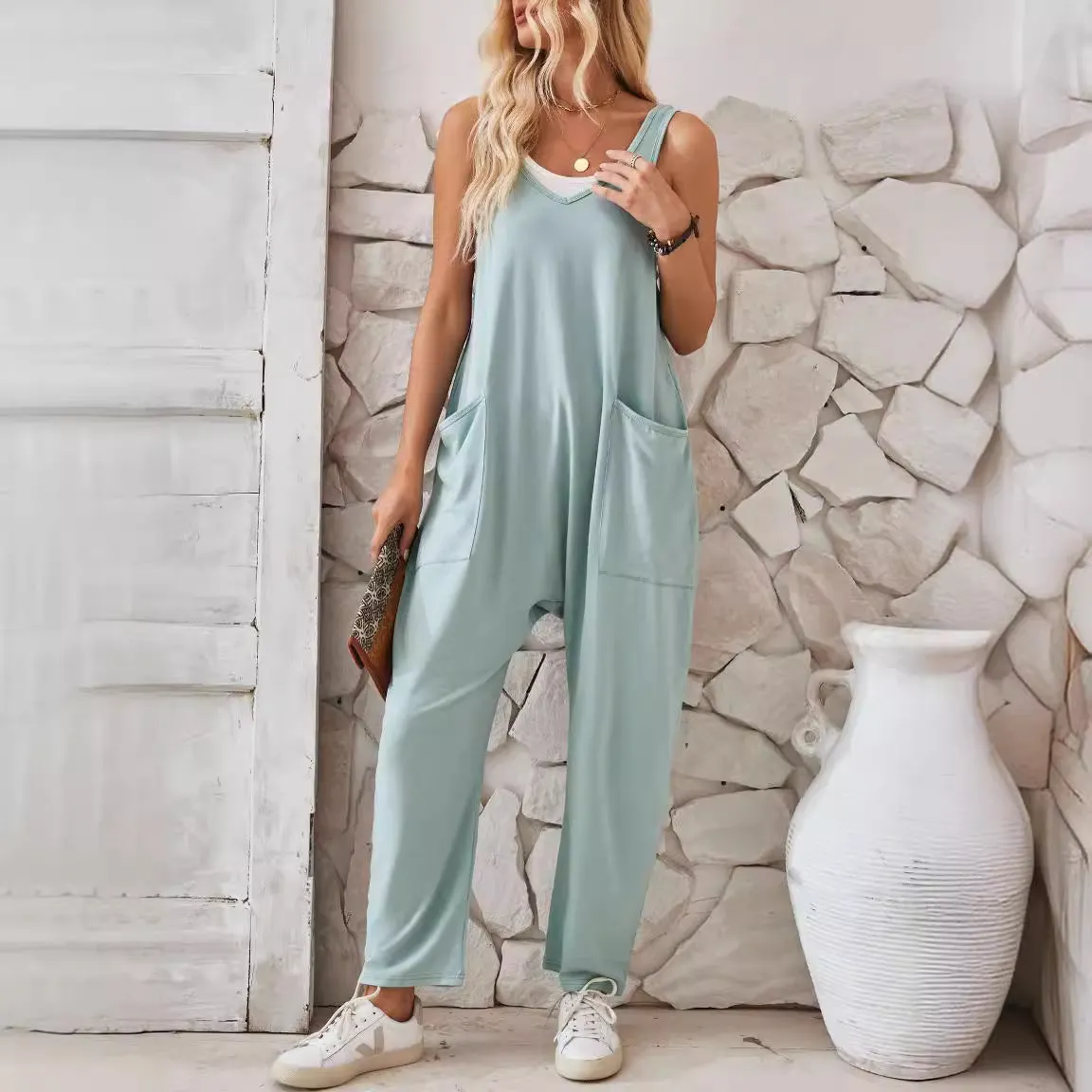 Women's Summer Casual Pocket Knitted One-piece Trousers Jumpsuits