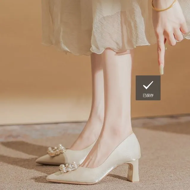 Churchf New Xiuhe Wedding Dress Silk Head Slender High Heel Wedding Shoes Coarse Heel Shallow Singles Women's Dress Shoes