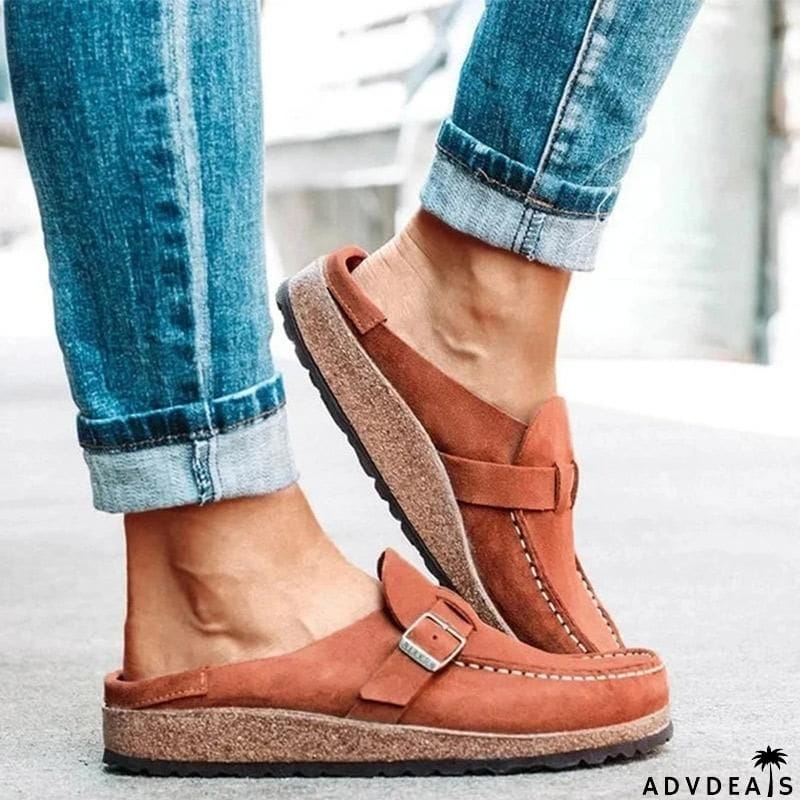 Women’s Casual Round Toe Flat Heel Slip On Backless Loafers