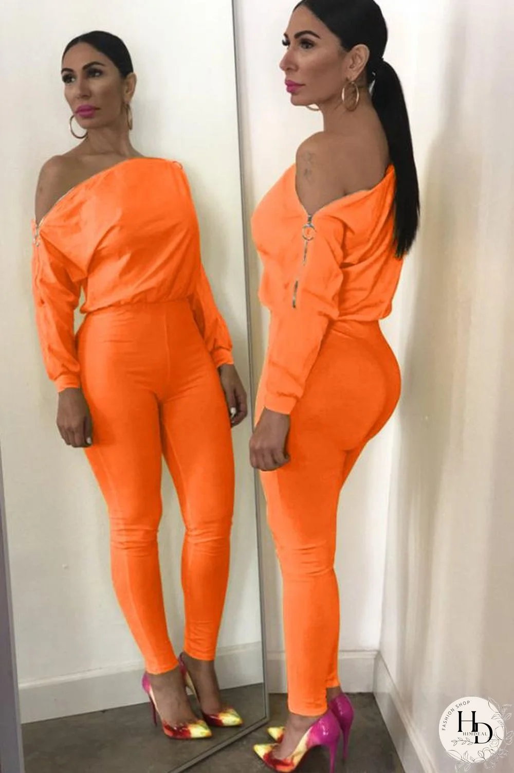 Blue Casual zipper Solid Polyester Long Sleeve one word collar Jumpsuits