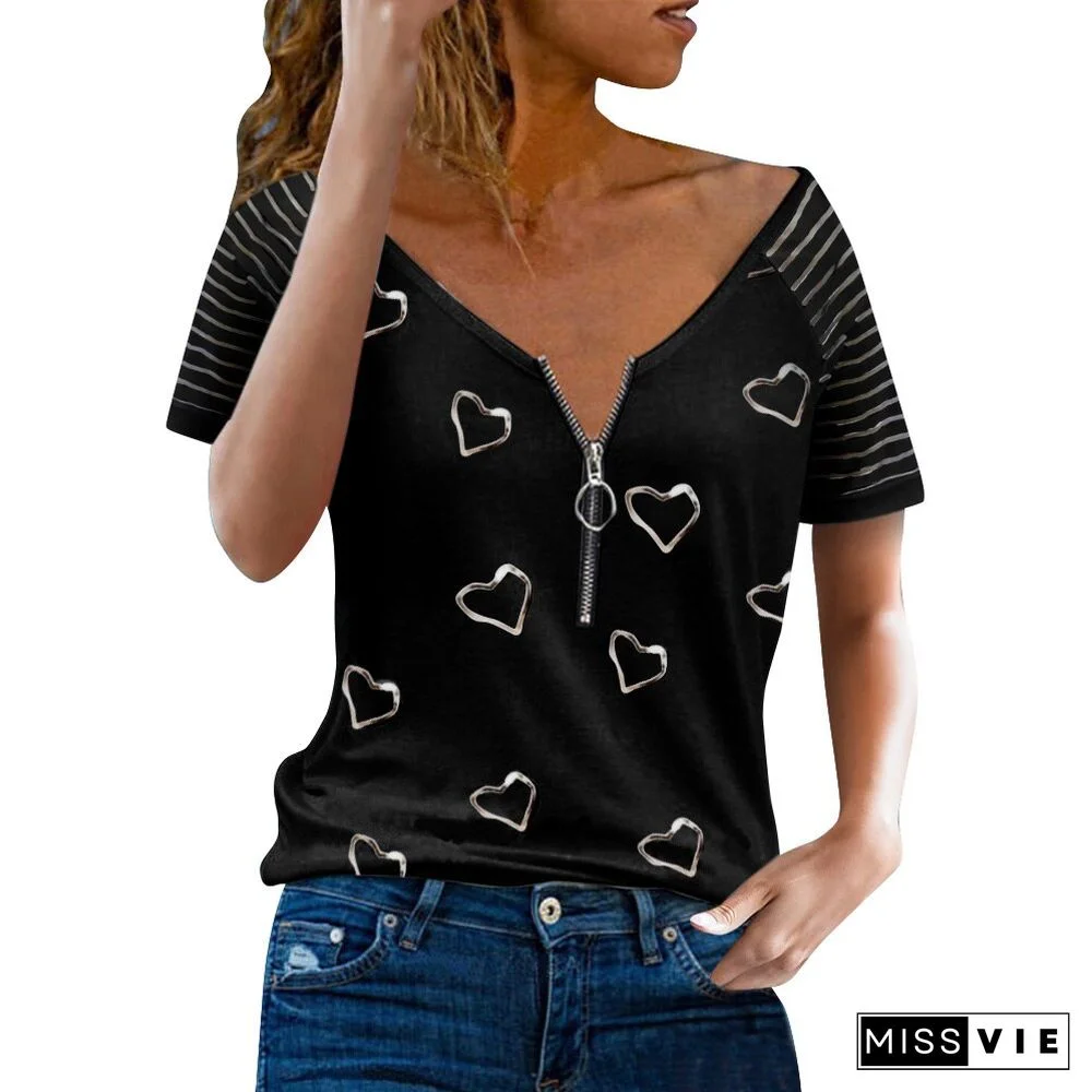 Women Zipper Up Heart Print V-neck Tops Vintage Summer Short Sleeve Shirt Loose Pullover T-shirt Casual Streetwear Tshirt D30