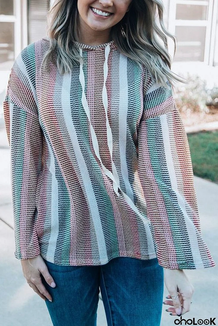 color Striped Drop Shoulder Textured Knit Hoodie