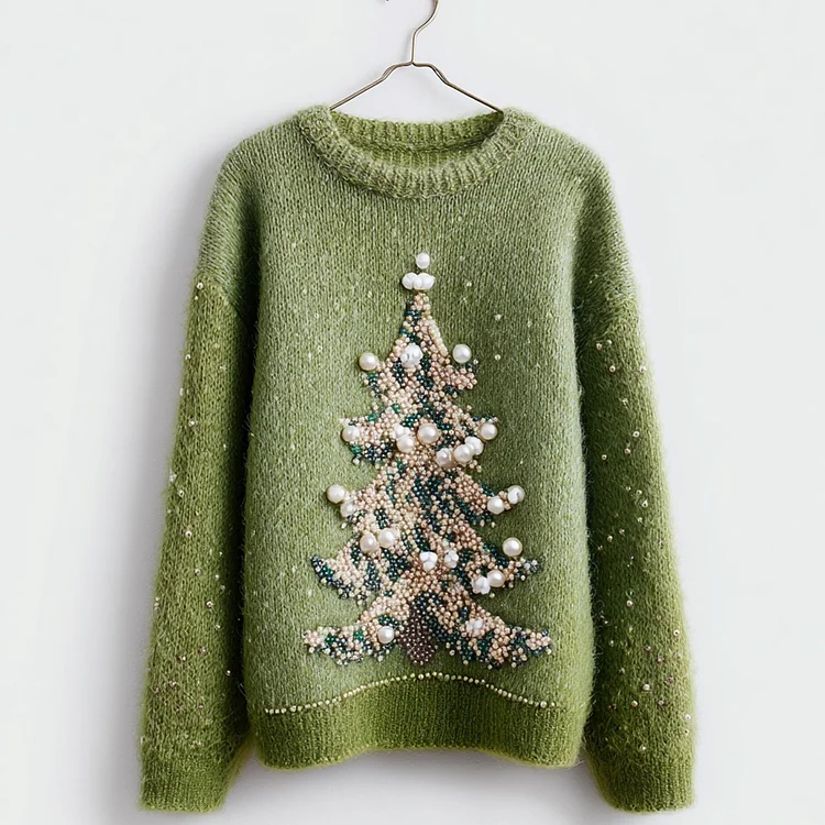 Elegant Christmas Tree Beaded Fuzzy Knit Sweater