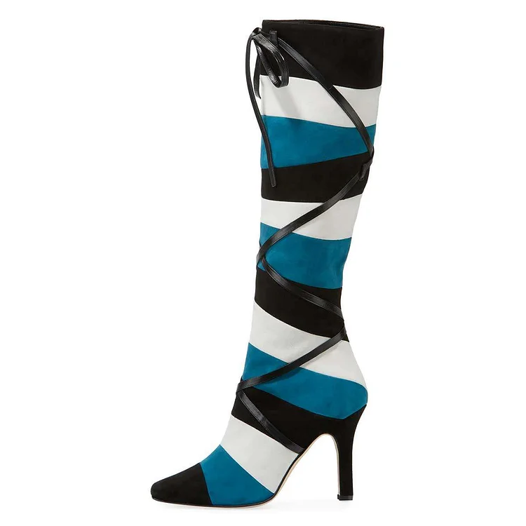 Black White Blue Three-tone Strap Knee-high Stiletto Boots Vdcoo