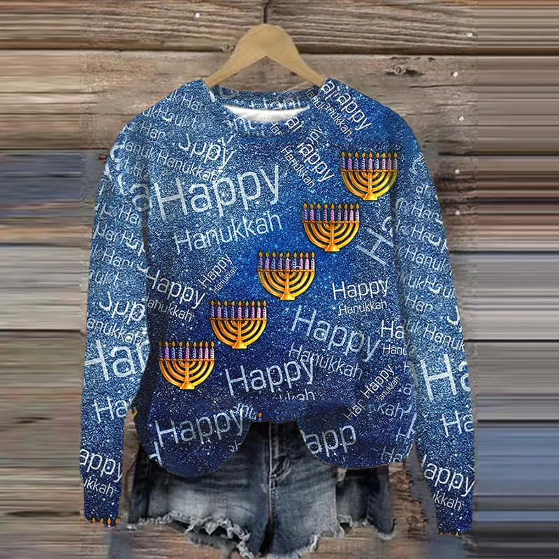 Women's Hanukkah Art Print Crew Neck Casual Sweatshirt
