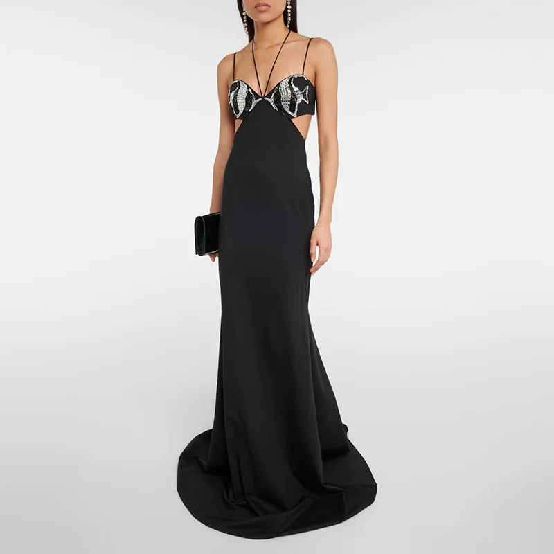 Zingj Fashion Sexy Sling Dress Dress 2025 Early Spring New Squine Splicing High-End Feel Waist Hanging Neck Long Dress