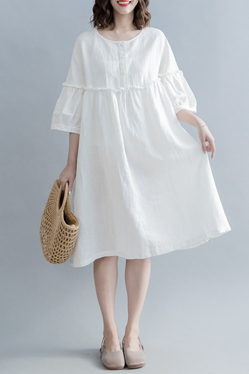 Cute High Waist Cotton Linen Dresses Women Casual Clothes Q1862