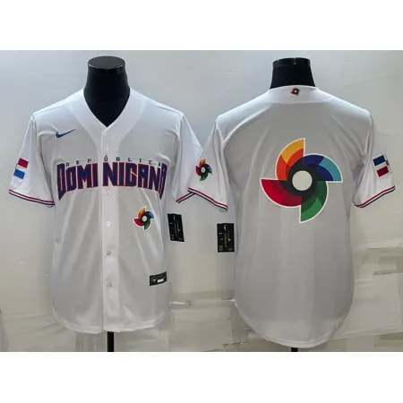 Men's Dominican Republic Baseball 2023 White World Baseball Big Logo With Patch Classic Stitched Jersey RVRS
