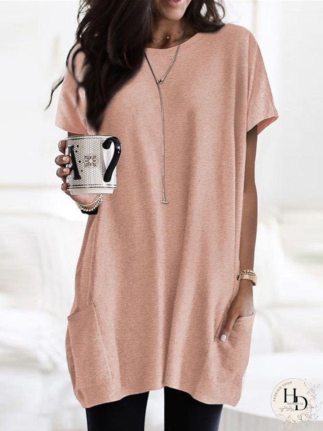 Casual Dress T Shirt Dress Tee Dress Shift Dress Mini Dress Black White Pink Short Sleeve Pure Color Pocket Summer Spring Crew Neck Classic Loose Fit S M L XL XXL for Women