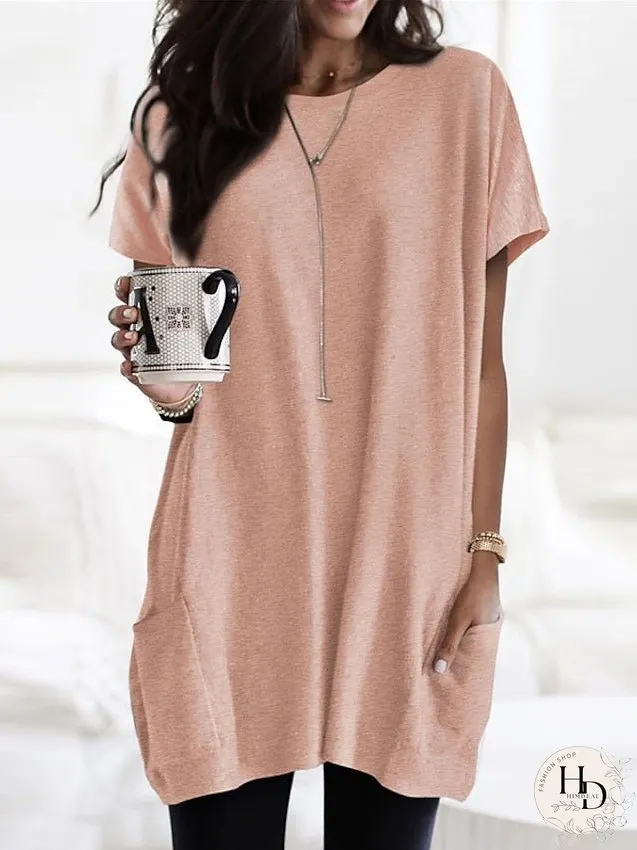 Casual Dress T Shirt Dress Tee Dress Shift Dress Mini Dress Black White Pink Short Sleeve Pure Color Pocket Summer Spring Crew Neck Classic Loose Fit S M L XL XXL for Women