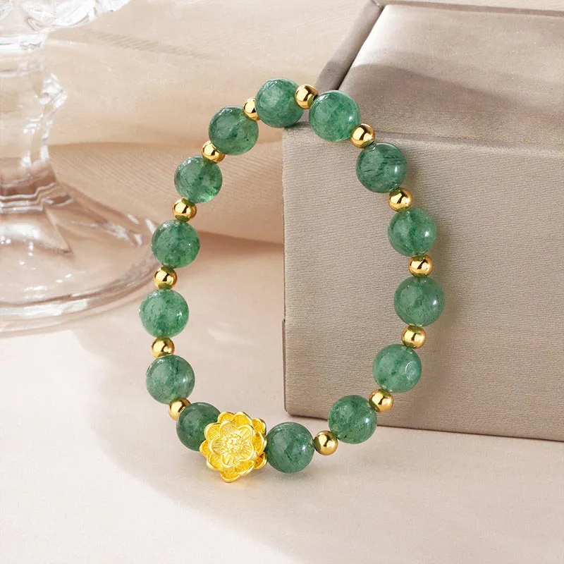 Lotus 925 Sterling Silver Green Strawberry Quartz Soothing Bracelet
