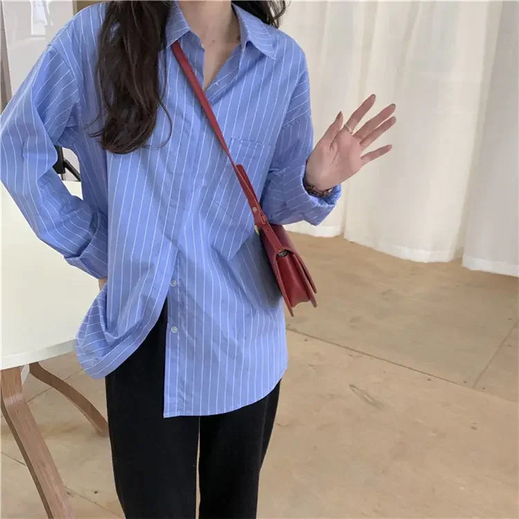 Aiertu Shirts Women Blue Striped Loose Harajuku Long Sleeve Casual Spring Tops Students All-match Fashion Simple Korean Ulzzang Chic BF aiertu