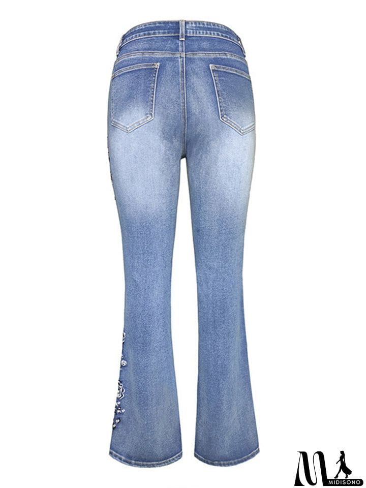 MidiSono - Women's Vintage Floral Embroidery Slim Fit Micro Flared Jeans