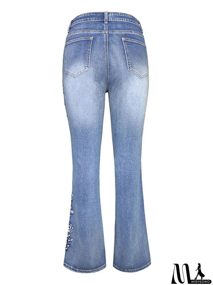 MidiSono - Women's Vintage Floral Embroidery Slim Fit Micro Flared Jeans