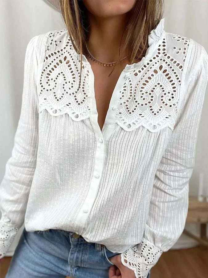 Women's Lace Panel Cutout Cotton Linen Shirt