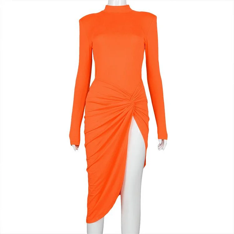 Promsstyle Solid color round neck long sleeve  split evening dress Prom Dress 2023