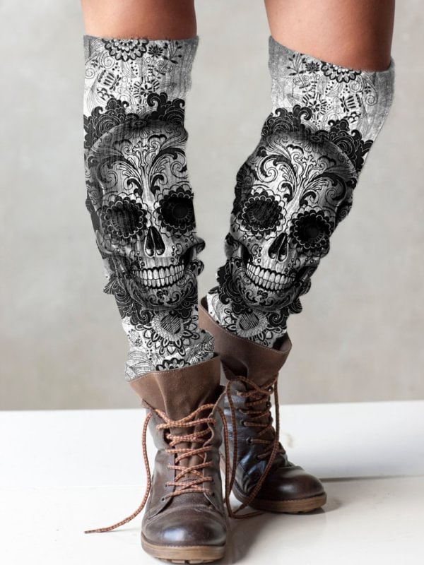 Skull print knit boot cuffs leg warmers