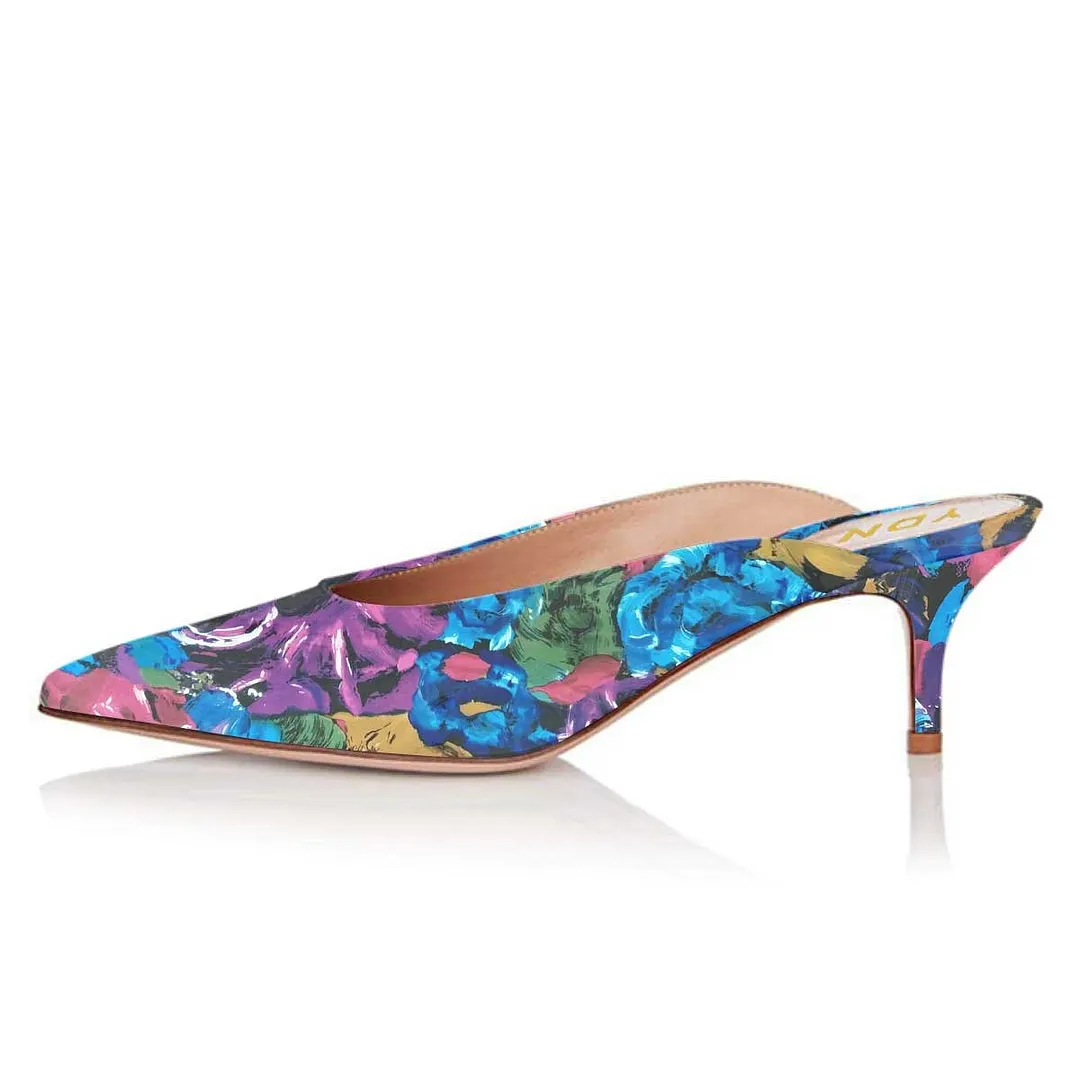 Multicolor Floral Print Kitten Heel Pointed Toe Mule Shoes for Women
