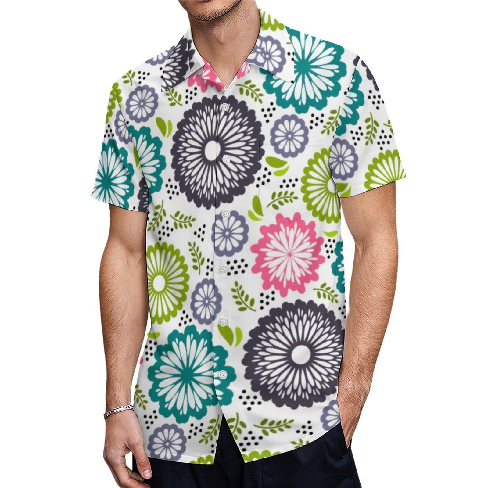 Spring Vintage Flowers White Background Drawstring Hawaiian Shirt Mens Button Down Tropical Hawaii Beach Shirts