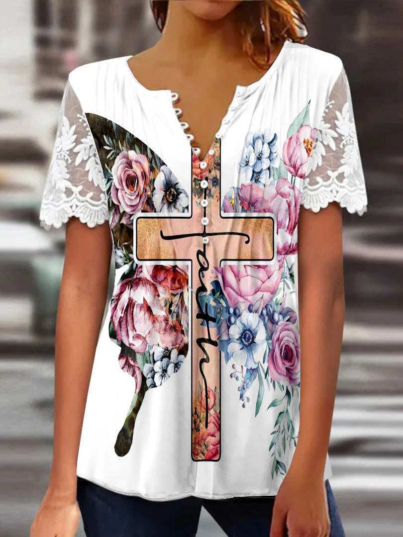 Women Long Sleeve V-neck Graphic Floral Printed Top