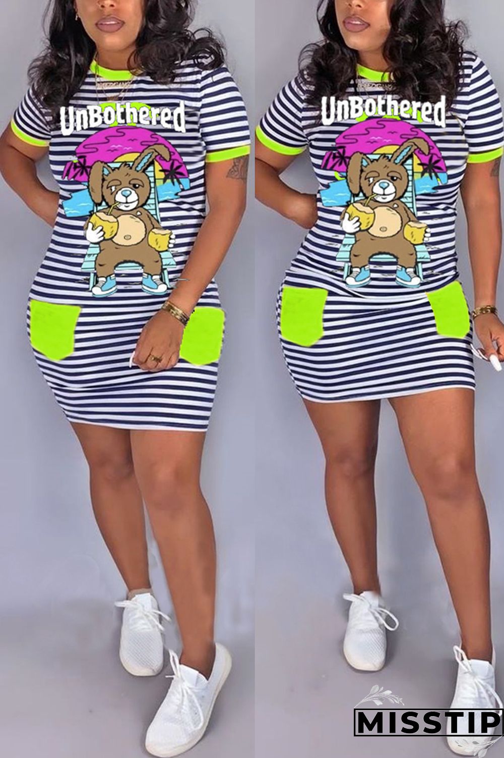 Fluorescent green Fashion Casual Printed Short Sleeve Dress