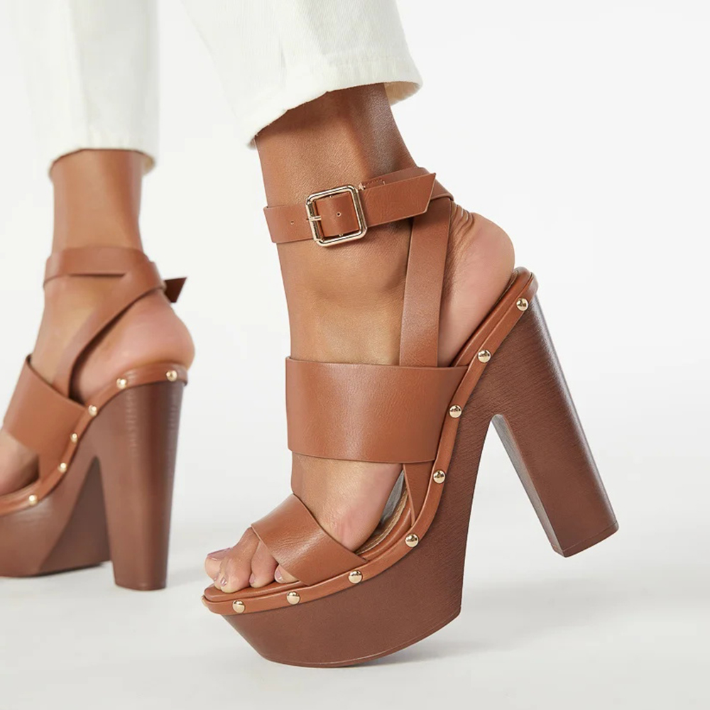 Brown  Opened Toe Slingback Ankle Strappy Buckled Platform Studded Sandals With Chunky Heels Nicepairs