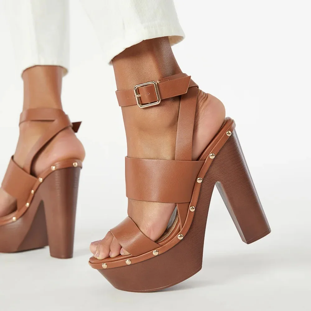 Brown  Opened Toe Slingback Ankle Strappy Buckled Platform Studded Sandals With Chunky Heels Nicepairs