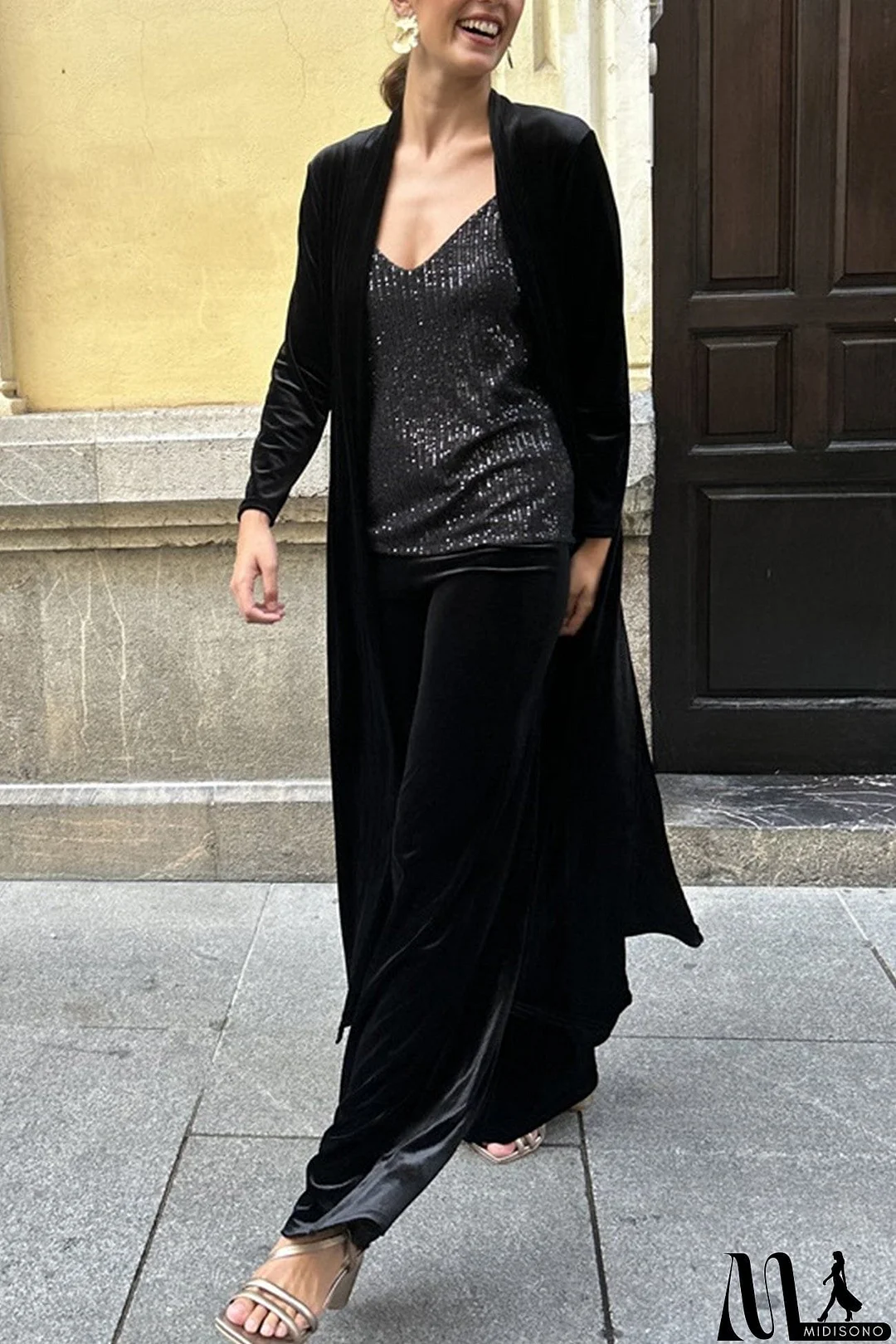 MidiSono - Velvet Slit Long Cardigan Two-piece Pants Suits